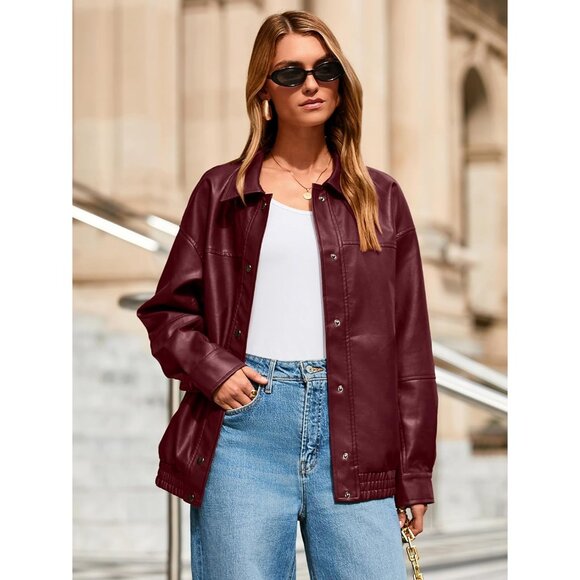 Womens Oversized Faux Leather Jacket Button Down Moto Bomber Winter Coat - Picture 3 of 6